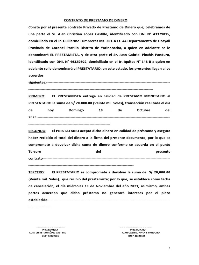 Contrato de Préstamo de Dinero Simple | PDF | Finanzas y dinero