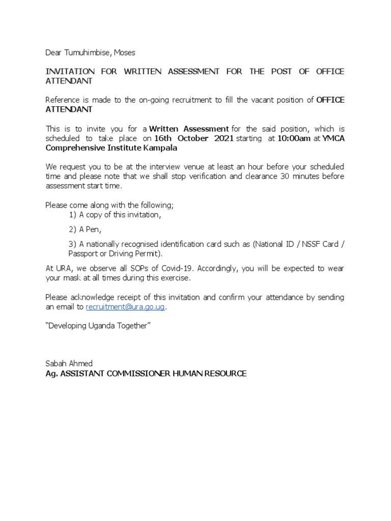 Invitation For Written Assessment For The Post of Office Attendant 