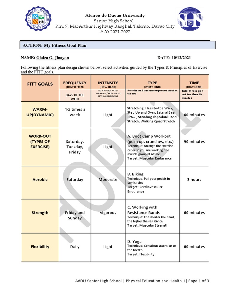 Fitness Goal Plan | PDF | Physical Fitness | Management Of Obesity