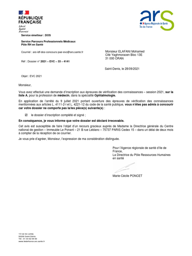 Refus d'inscription EVC 2021 Ophtalmologie | PDF