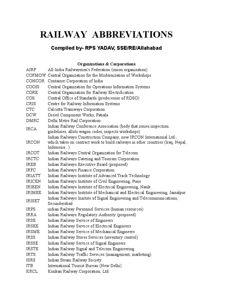 Railway Abbreviations Rail Transport Transportation Engineering