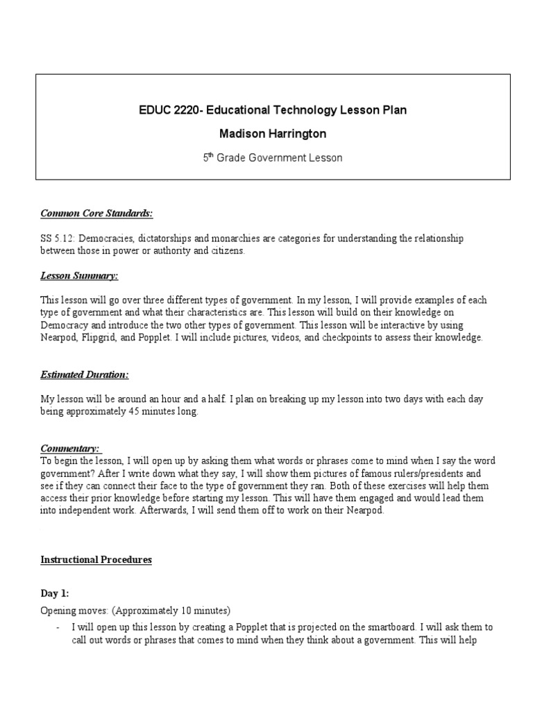 5th Grade Government Lesson Plan | PDF | Behavior Modification | Learning