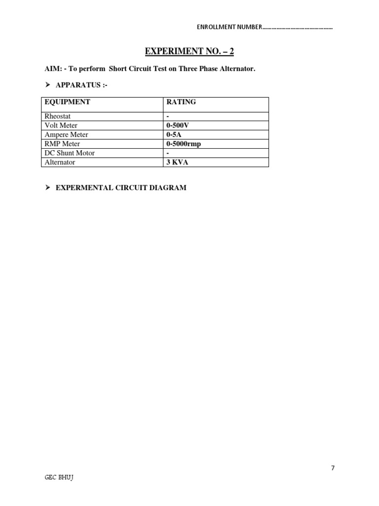 Experiment No. 2 AIM To Perform Short Circuit Test On Three Phase