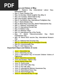 Important Days and Dates