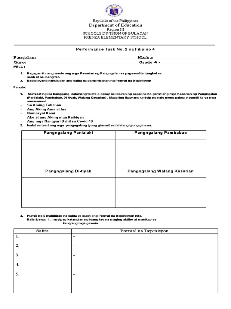 Q1 Second Perormance Task in FILIPINO 4 | PDF