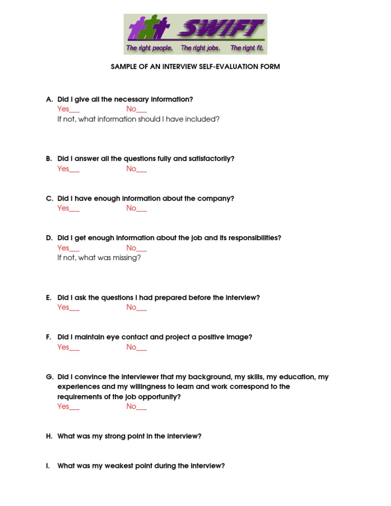 Sample of An Interview Self-Evaluation Form: Yes - No | PDF