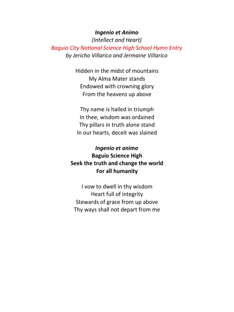 Baguio City National Science High School Hymn Entry (Intellect and