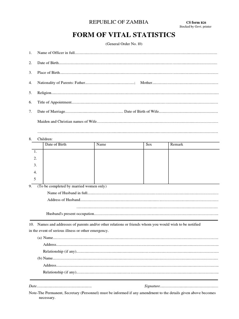 Vital Statistics Form B26 Zambia | PDF | Social Institutions | Social ...