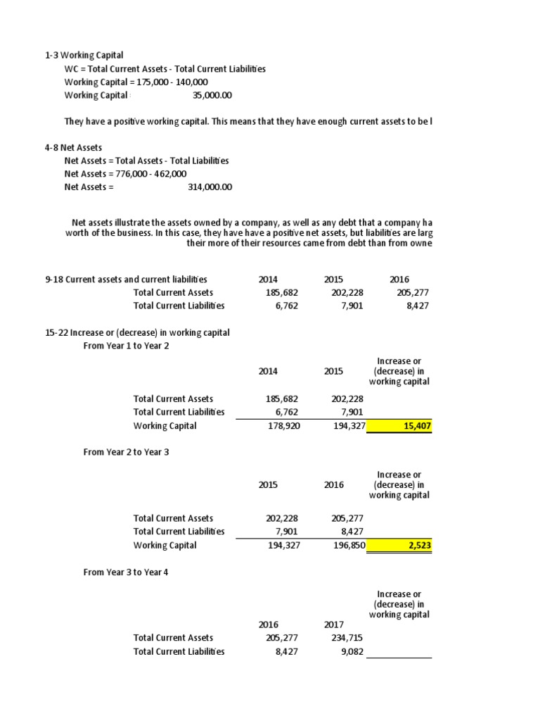Financial Analysis Working Capital X Net Assets Pdf Working