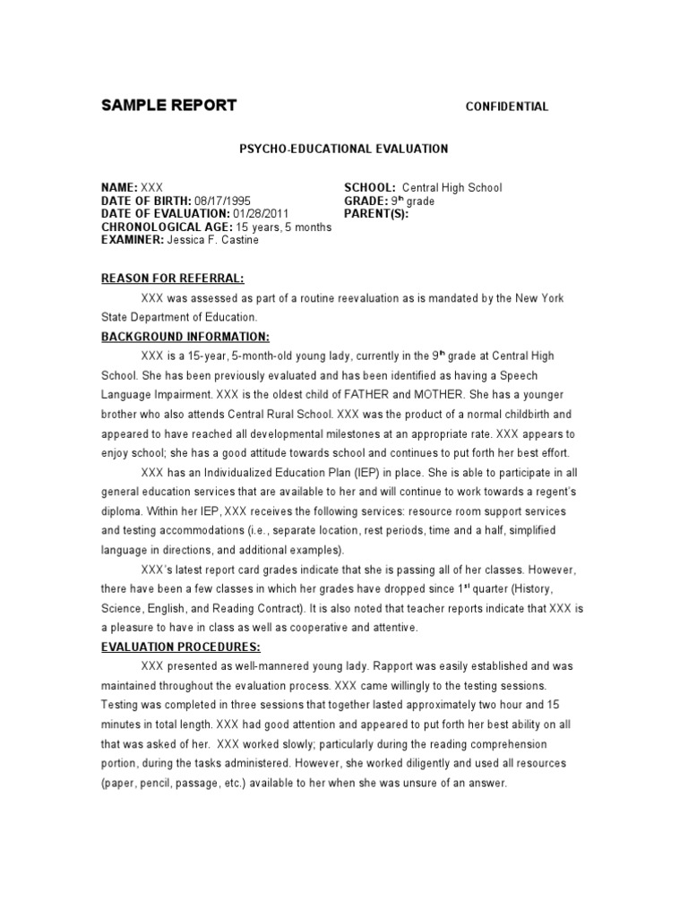 Sample Report 21  PDF  Intelligence Quotient  Individualized In Psychoeducational Report Template