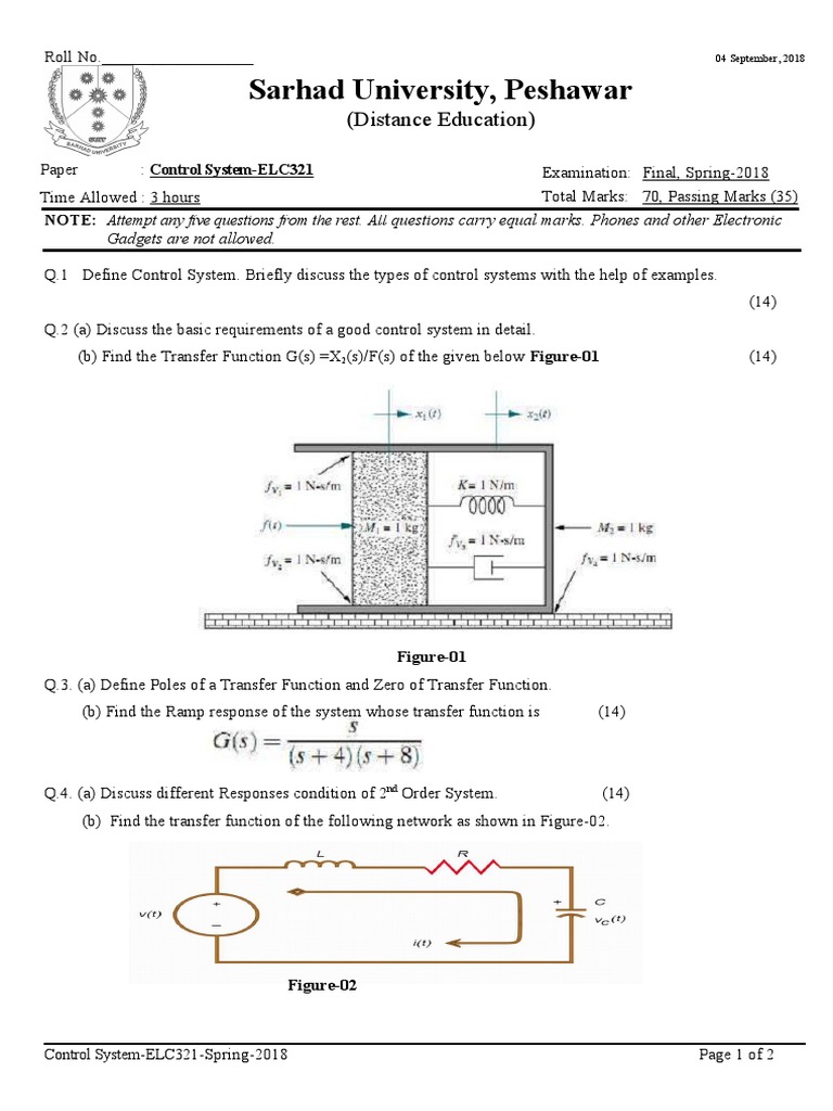 Control Systems Exam Questions ELC321 | PDF | Function (Mathematics ...