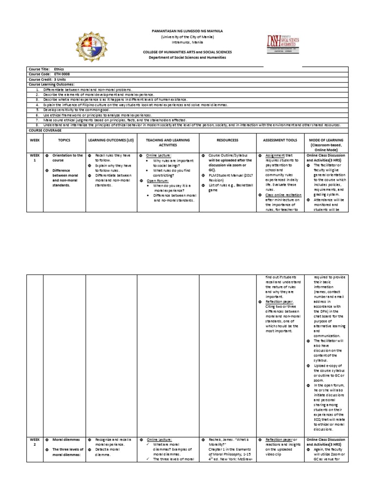 Ethics Syllabus Pdf Morality Reason