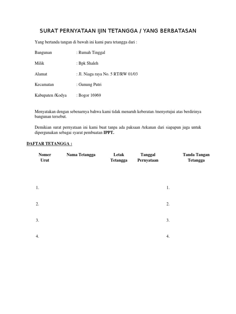Surat Pernyataan Ijin Tetangga