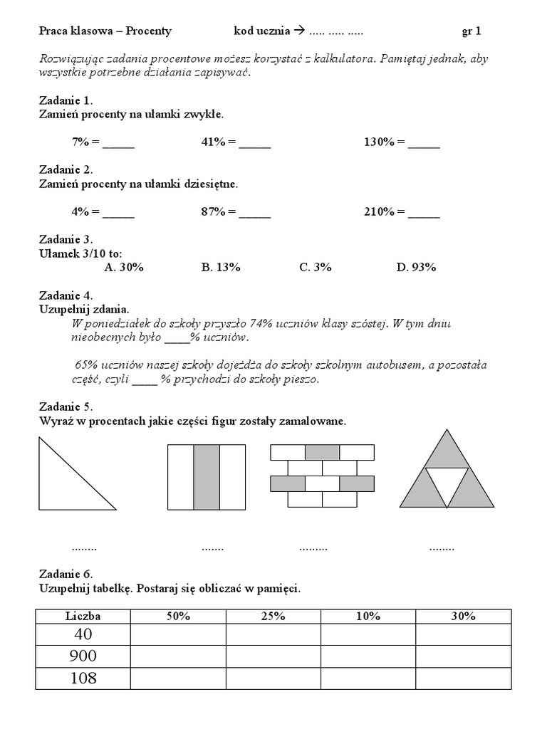 Sprawdzian Z Matematyki Klasa 6 Procenty