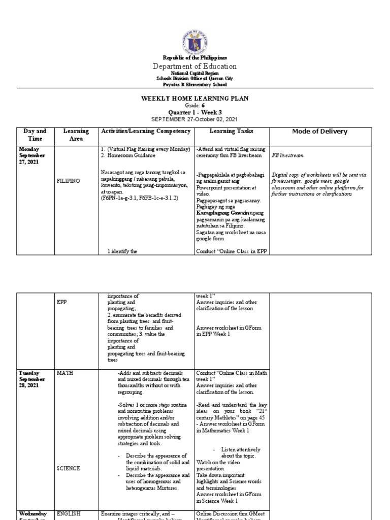 Grade 6 Weekly Home Learning Plan | PDF | Worksheet | Cognition