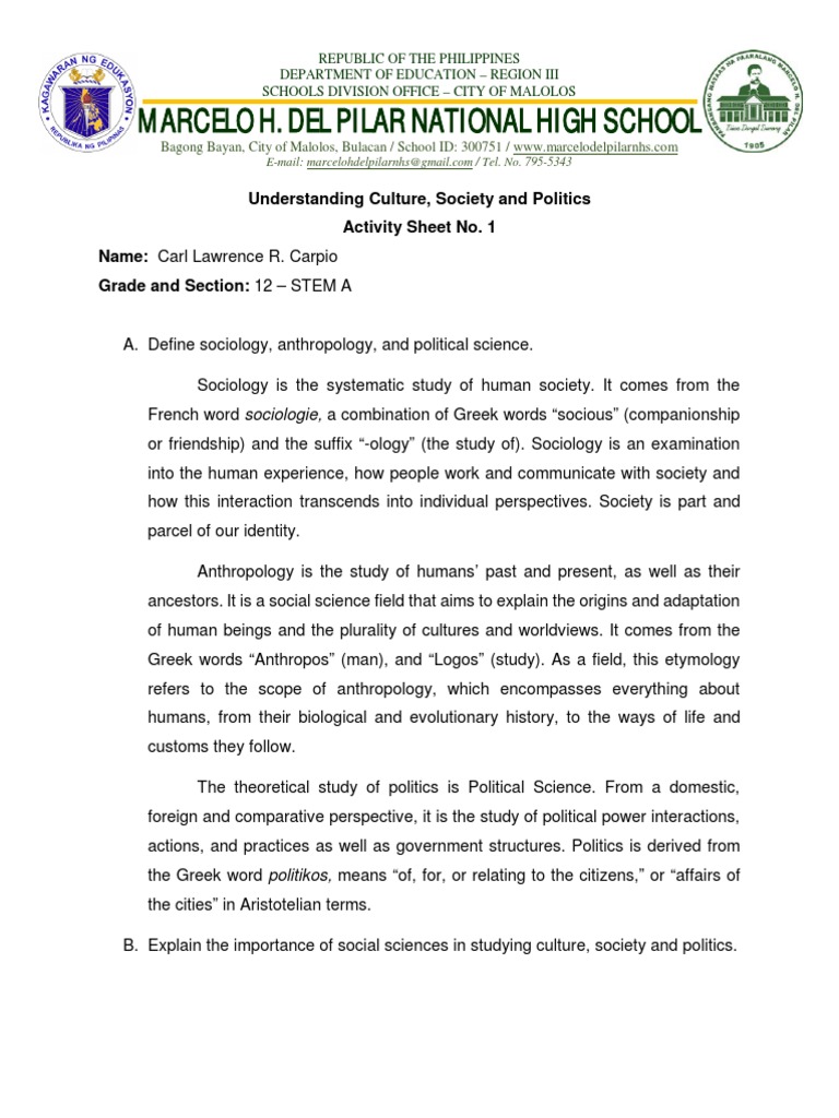 Carpio, Carl Lawrence R. - UCSP Activity Sheet No. 1 | PDF | Social ...