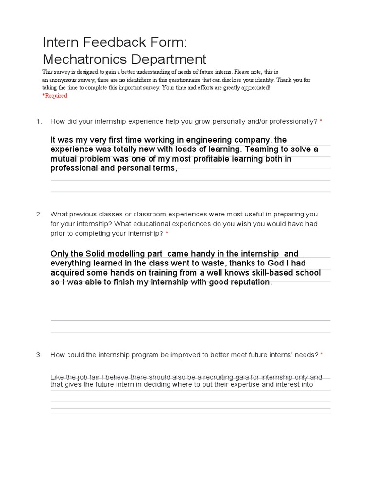 Mechatronics Internship Feedback Survey | PDF