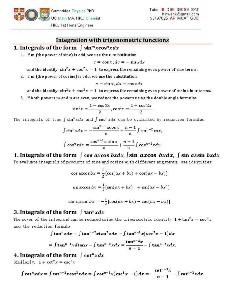 integration of trigonometric functions worksheet pdf