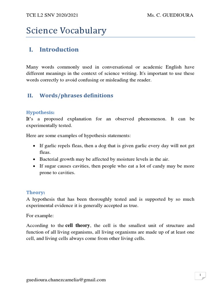 Cours 4 Science Vocabulary PDF Hypothesis Science