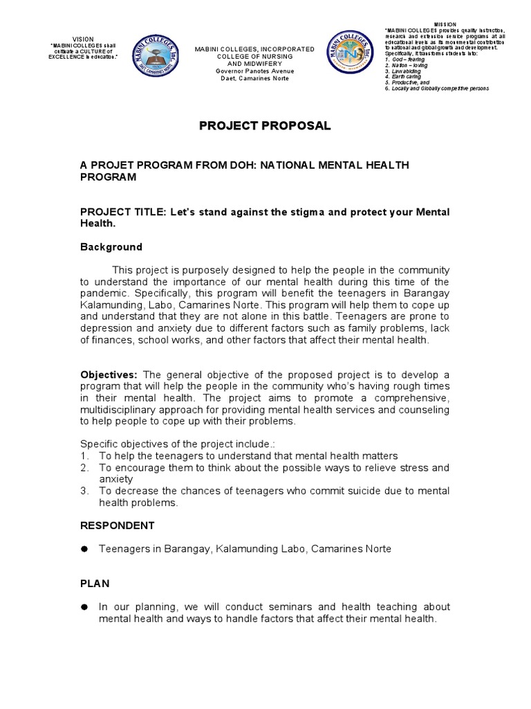 Project Proposal in Mental Health Bsn3a G3 PDF Mental Health