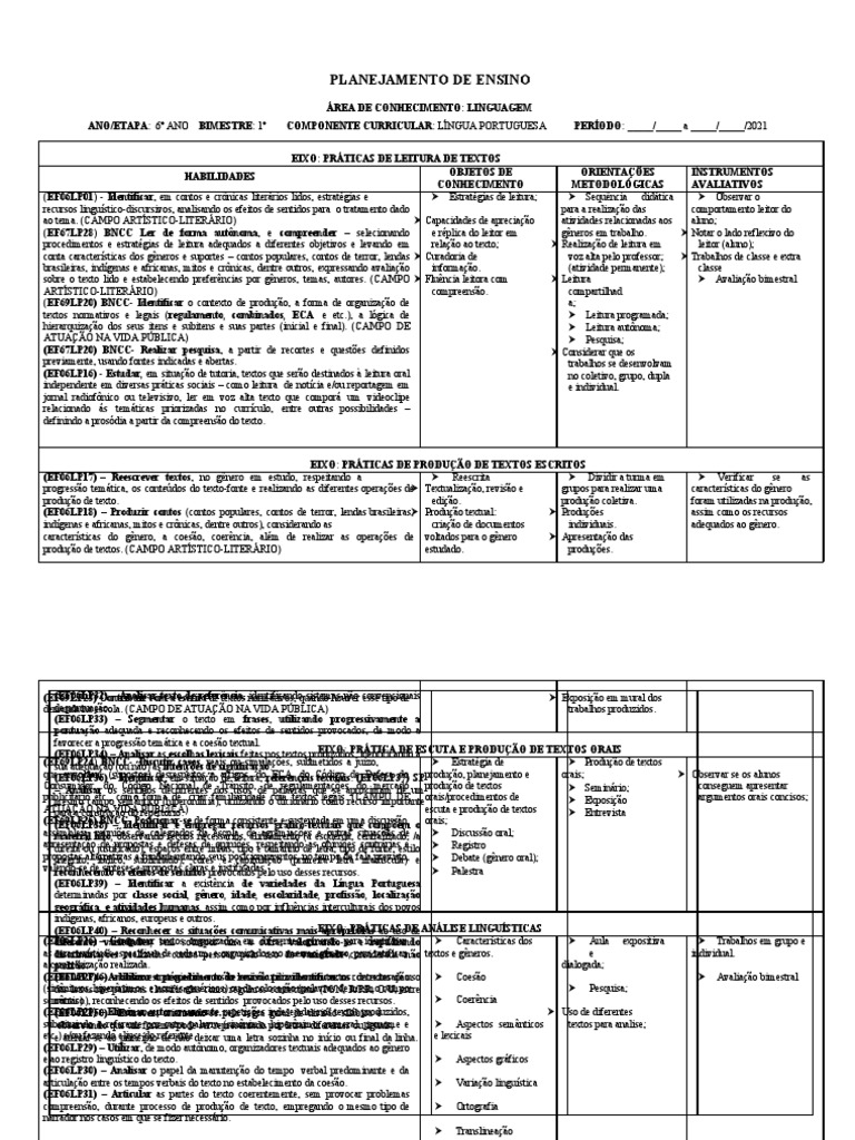 Planejamento de Ensino 2021 | PDF | Linguística | Palavra