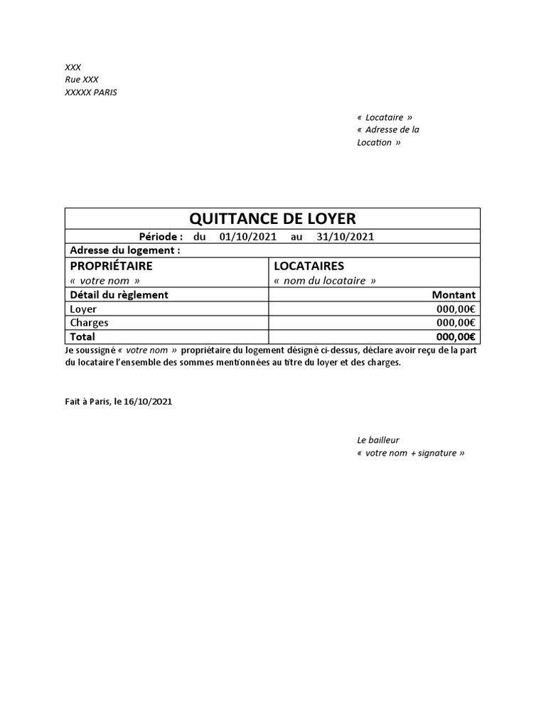 Quittance De Loyer Exemple Pdf
