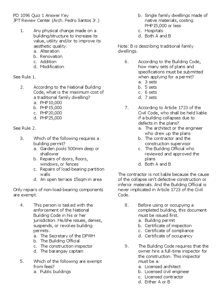 PD 1096 National Building Code Quiz | PDF | Building Code | Architect