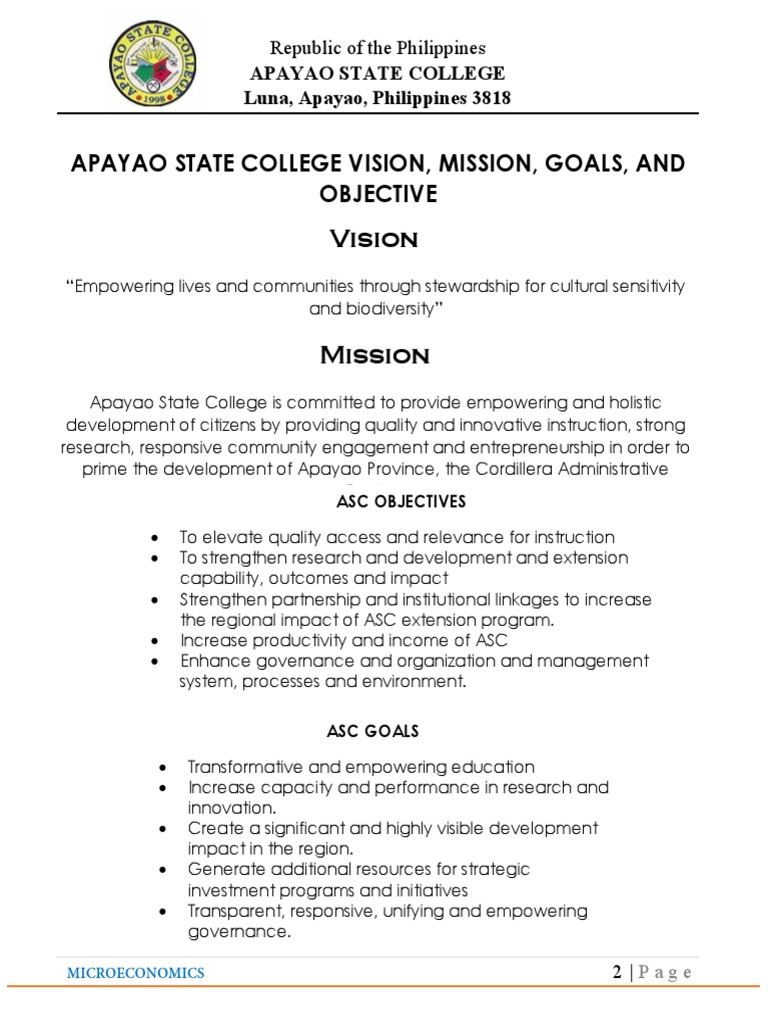 Vision: Apayao State College Vision, Mission, Goals, and Objective ...