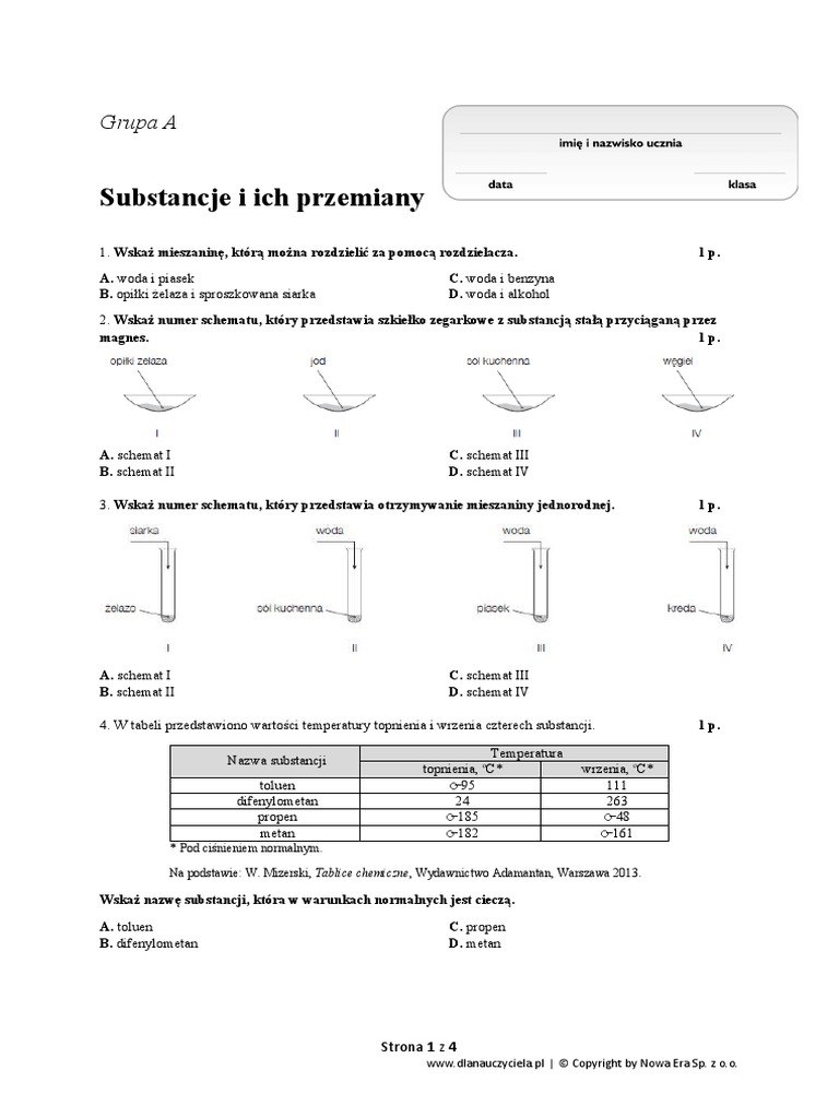 Substancje I Ich Przemiany Sprawdzian Klasa 7 Odpowiedzi