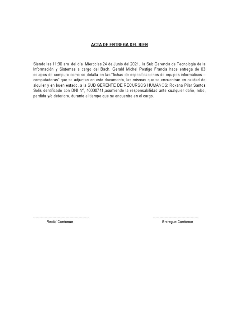 Acta de Entrega de Equipos Informáticos | PDF | Hardware de la ...