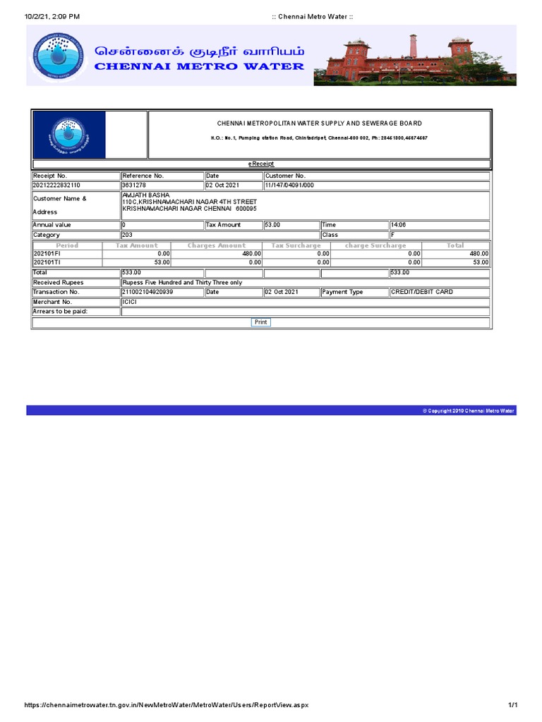 Water and Sewerage Board Receipt for Customer in Chennai Detailing