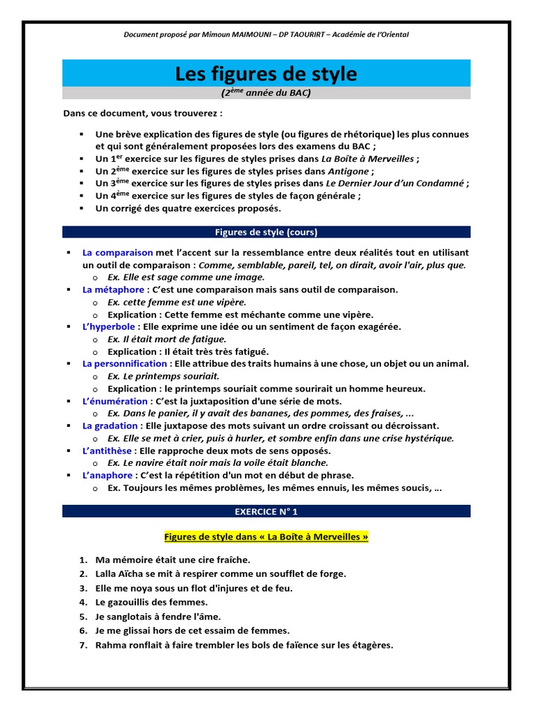 Les Figures De Style Exercices Corrigés 4ème Pdf Figures de Style 1 Déverrouillé | PDF | Philologie | Arts du langage et  discipline