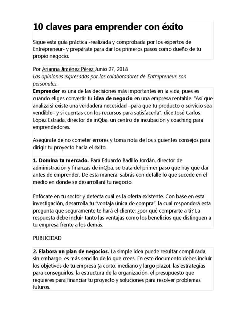 10 Claves para Emprender con Éxito | PDF | Iniciativa empresarial ...
