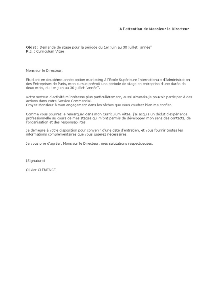 Stagiaire Exemple De Lettre De Demande De Stage Template Exemple De