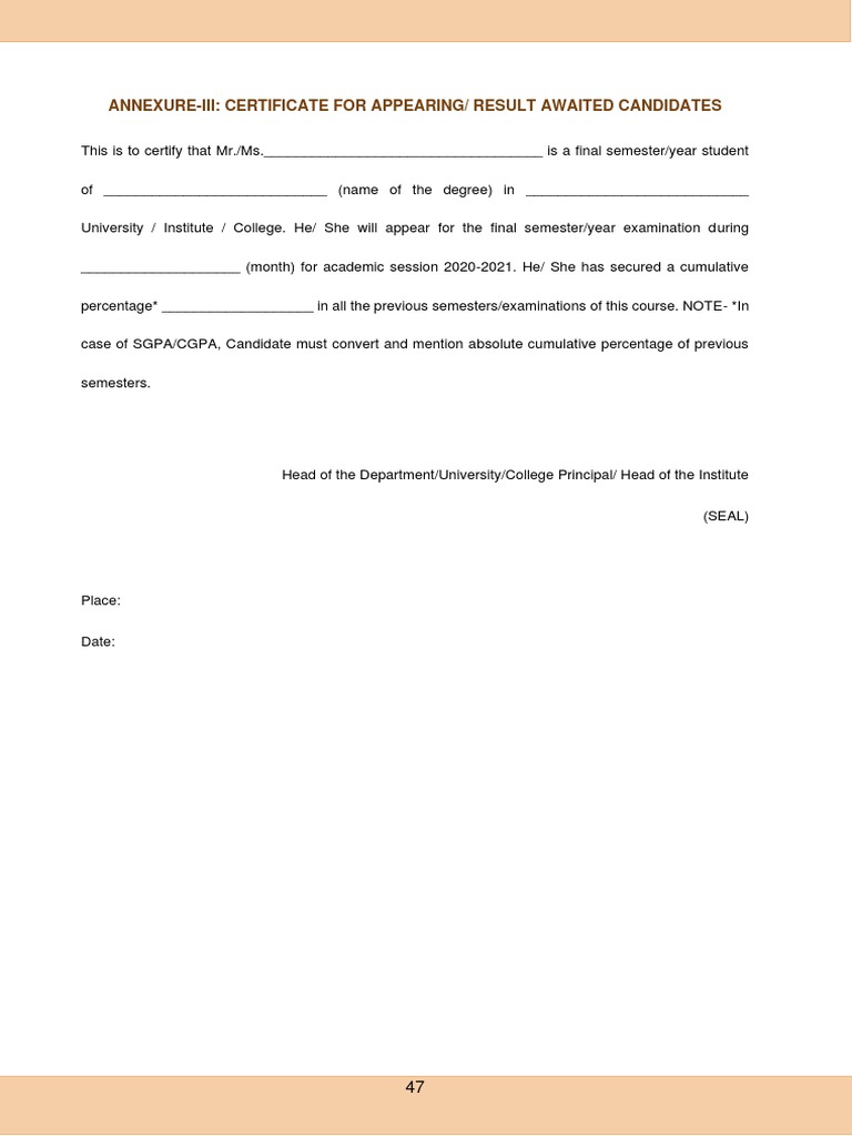 Certificate For AppearingResult Awaited Candidates PDF