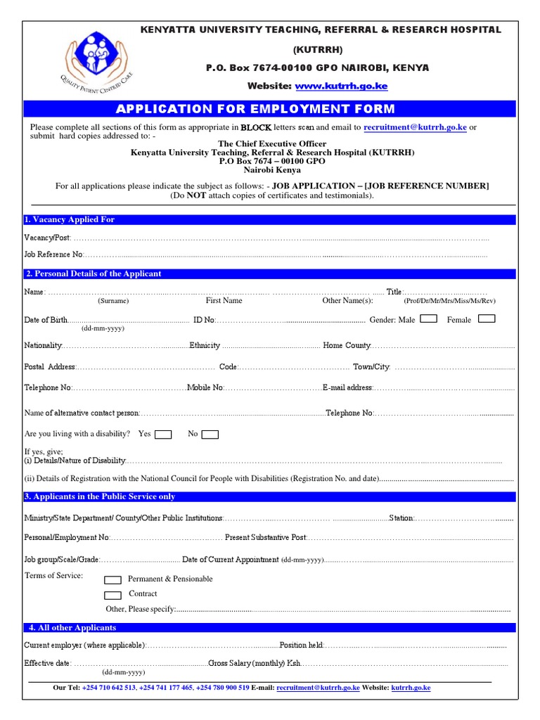 KUTRRH Job Application Form 2019 PDF Bachelor's Degree Master's