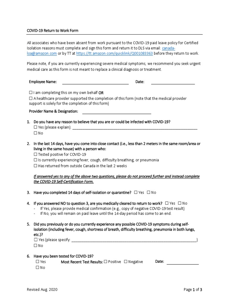 COVID RTW Form (CAN) | PDF | Pneumonia | Fever