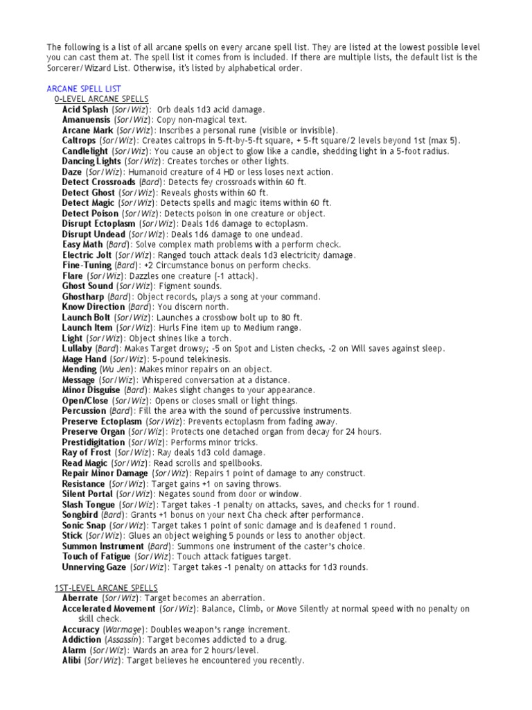 Arcane Spell List 1.01 | PDF
