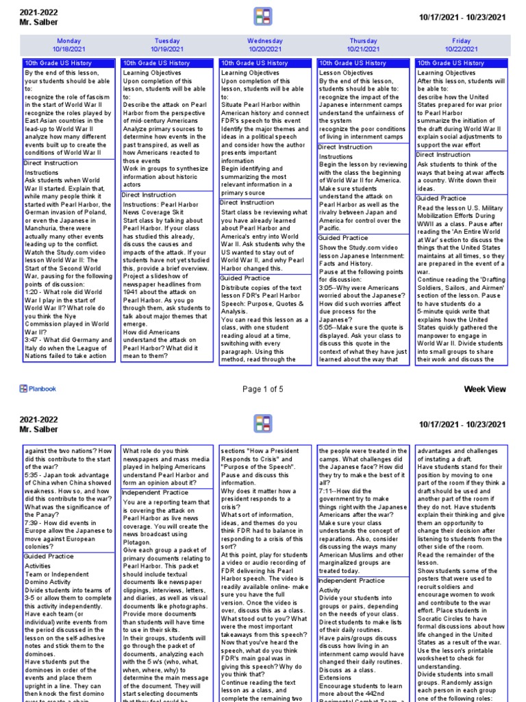 10th Grade US History Lesson Plans Q2 Week 2 PDF Attack On Pearl