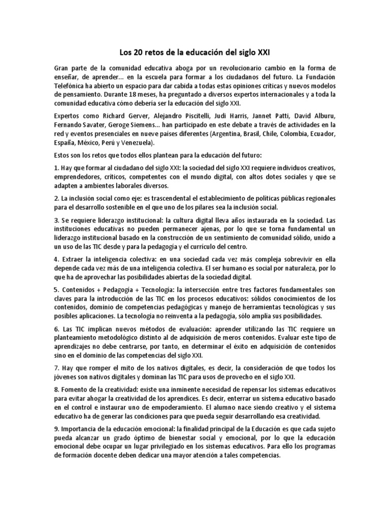 Los 20 Retos de La Educación Del Siglo XXI | PDF | Plan de estudios ...