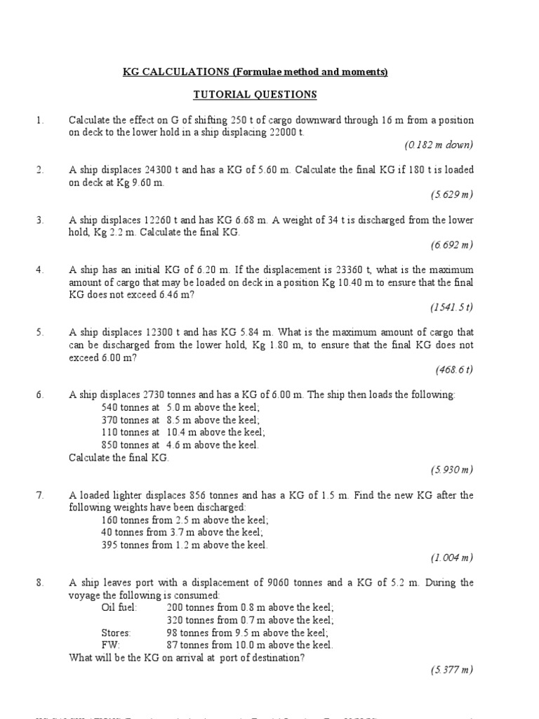 KG CALCULATIONS Tonne Ships