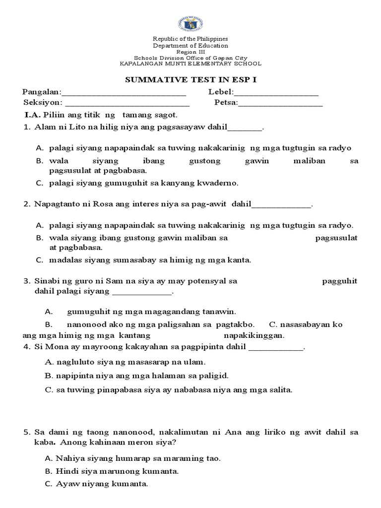 Summative Test in Esp I: Department of Education | PDF