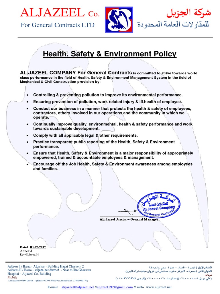 21-Health, Safety & Environment Policy | PDF | Occupational Safety And ...