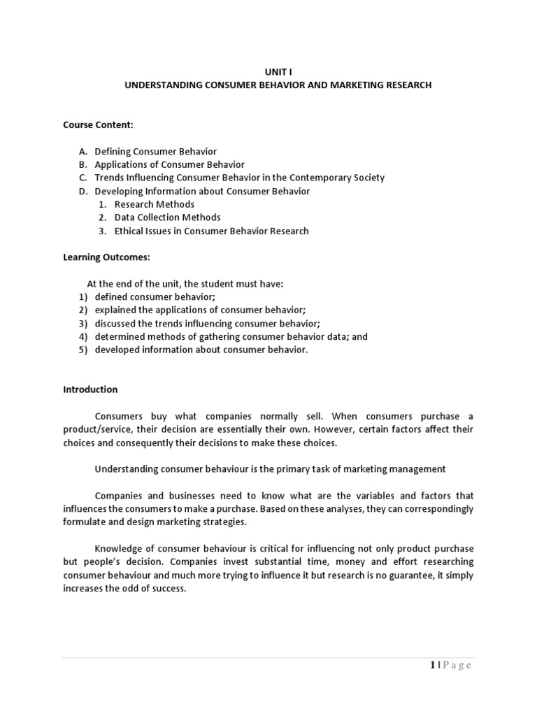 UNIT I. Understanding Consumer Behavior and Marketing Research | PDF ...