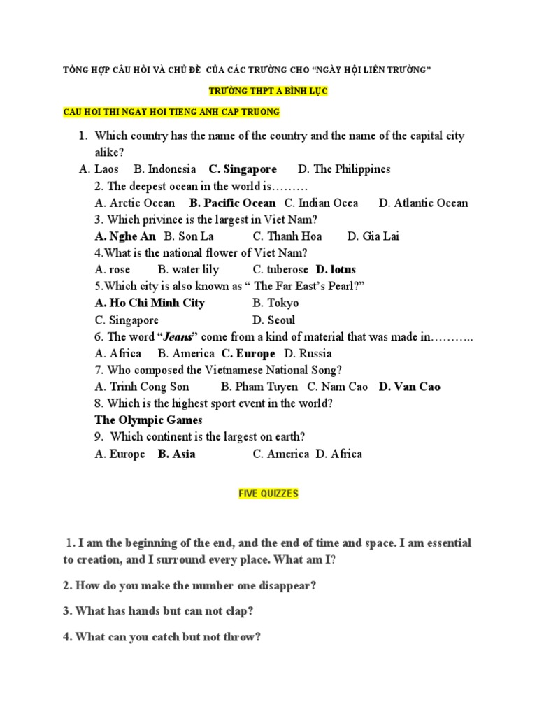 English Quiz and Discussion Topics for Schools | PDF | Clinical ...
