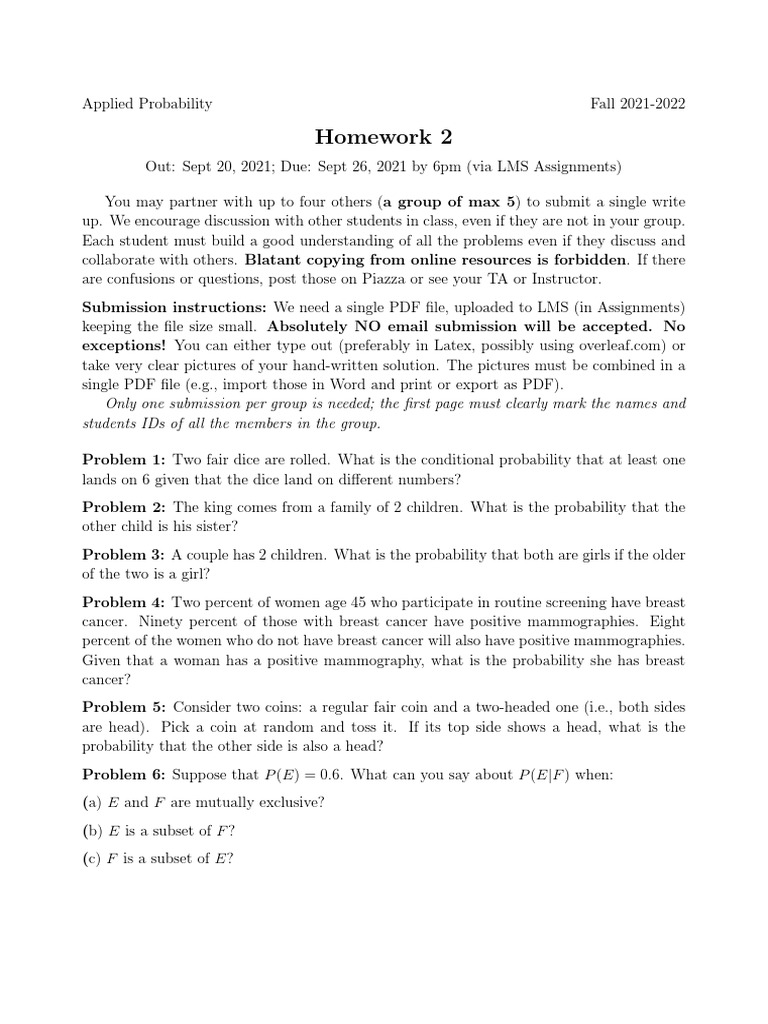 Applied Probability Homework 2 Guide | PDF | Probability | Gambling