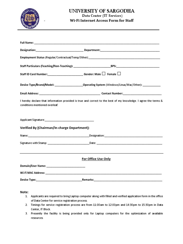 UOS Staff Wi-Fi Access Registration Form | PDF | Computer Network ...