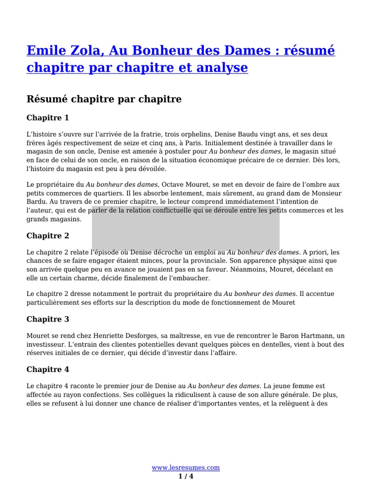 L Oeuvre De Zola Résumé Par Chapitre Emile Zola Au Bonheur Des Dames Resume Chapitre Par Chapitre Et Analyse |  PDF | Les Rougon-Macquart | Romans français