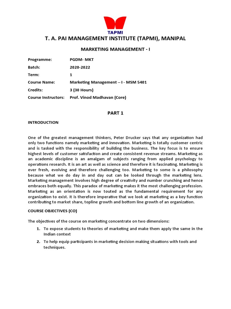 Marketing Management Course Outline | PDF | Marketing | Market Segmentation