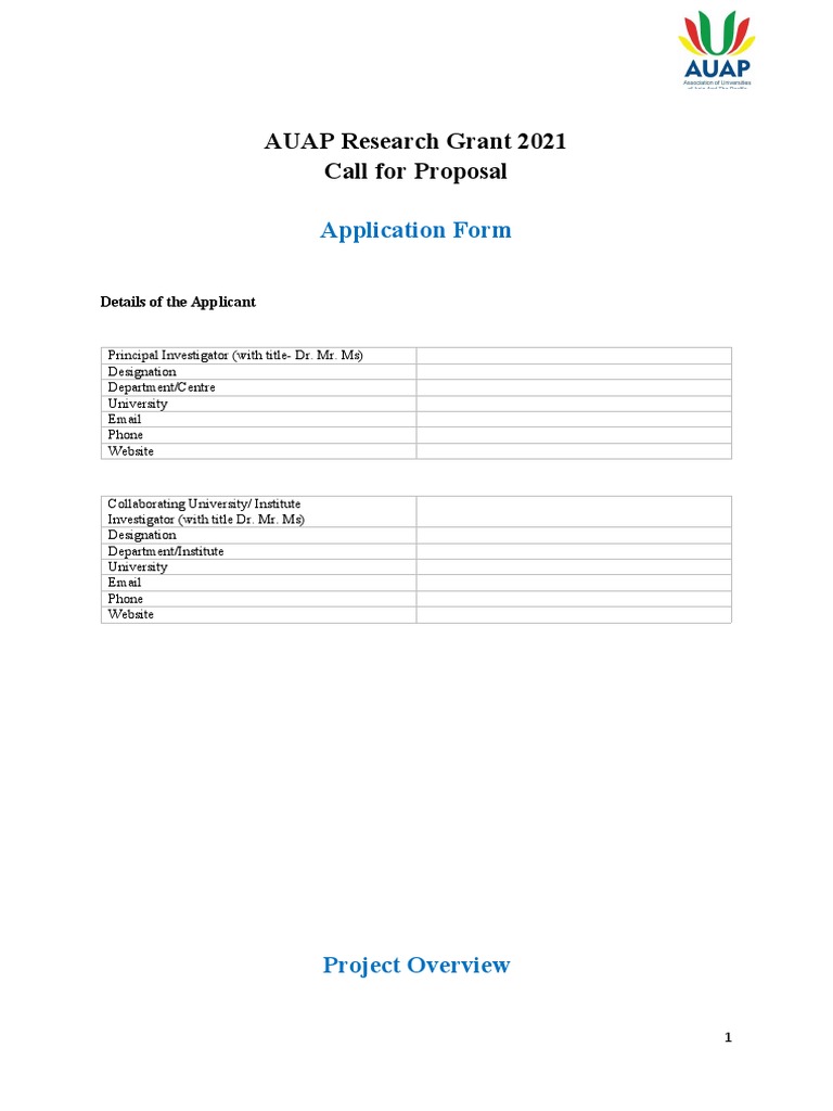 AUAP Research Grant 2021 Call For Proposal: Application Form | PDF ...